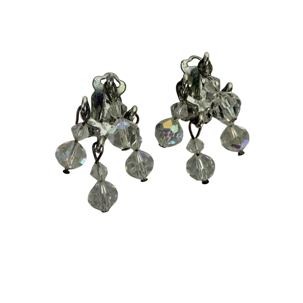 Vintage Aurora Borealis AB Crystal Chandelier Clip On Earrings Silver Tone Drop